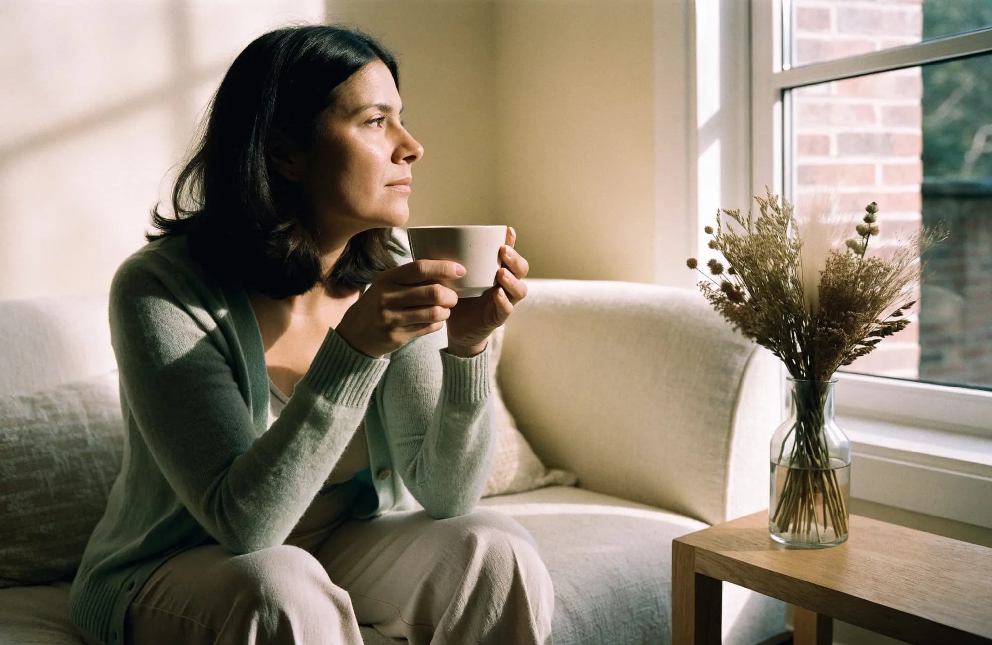 A woman holding a cup of herbal tea on a sofa, looking out of a window